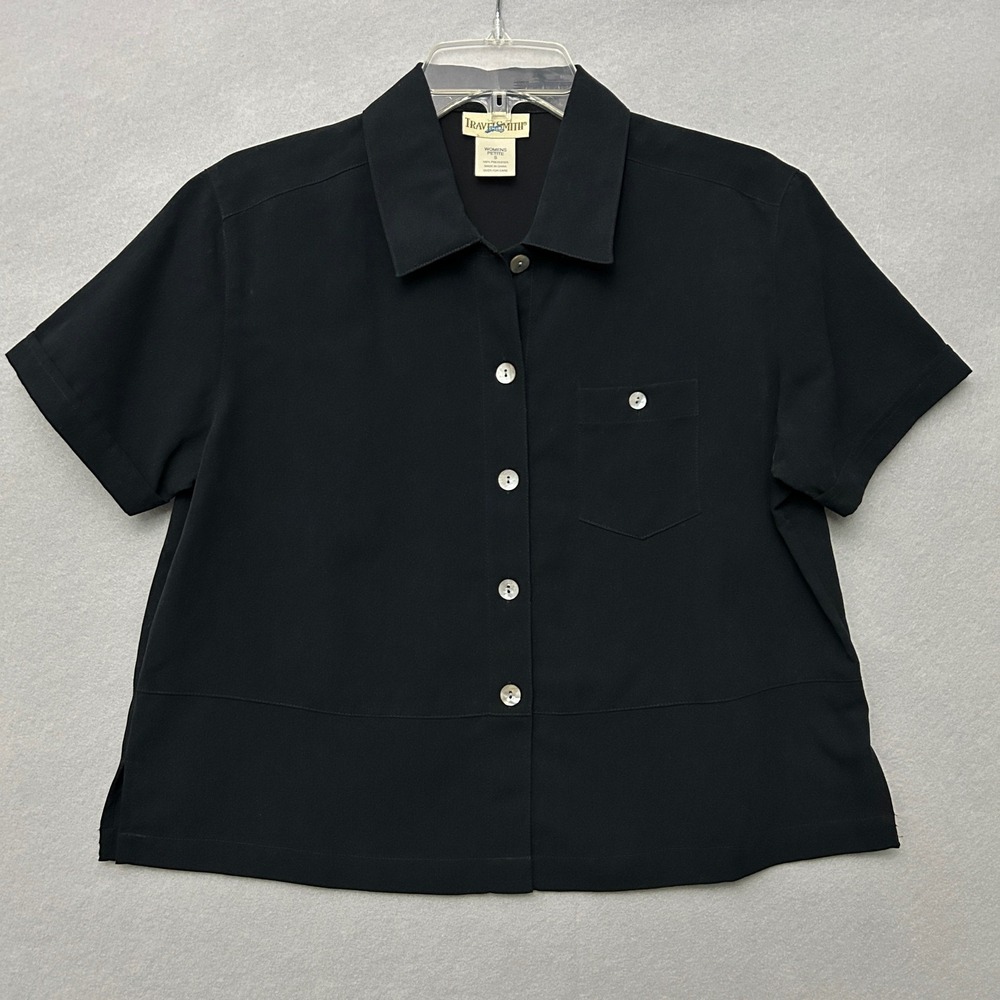VTG Travel Smith Top Women's S Petite Button Up Black Short Sleeve Classic Basic